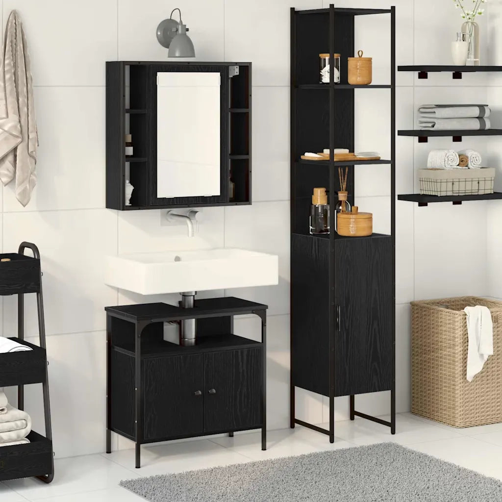Set di mobili per il Bagno | Armadio da bagno 3 pz Rovere Nero Legno multistrato