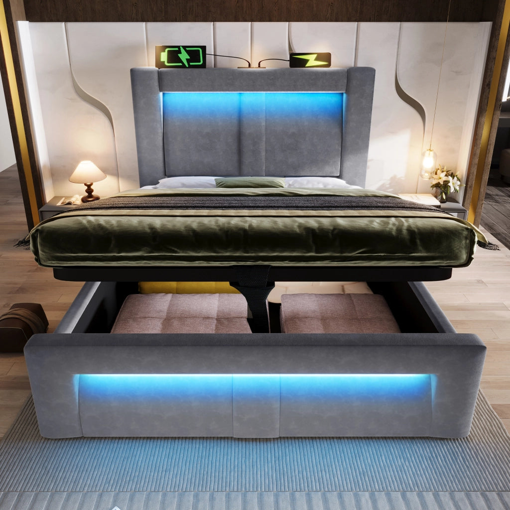 OKWISH Letto Contenitore 90×200 cm, Letto Singolo con LED Regolabile, USB, Tipo C e Testiera Curva, con Materasso, in Velluto, Grigio