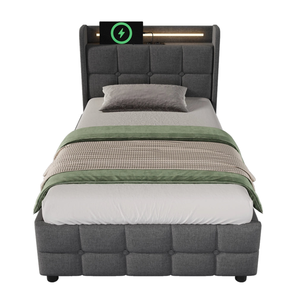 Letto singolo imbottito – 90x200 cm – USB LED 2 cassetti – legno grigio