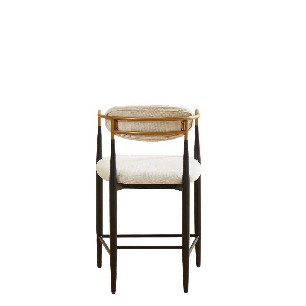 Set di 2 sgabelli da bar con braccioli; tessuto beige e struttura in metallo nero e oro