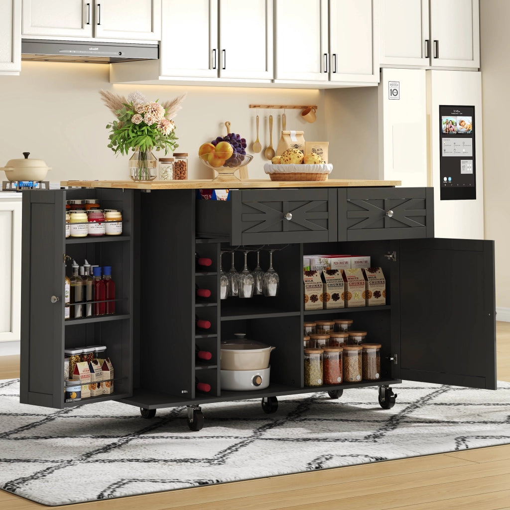 Isola cucina con piano ribaltabile, 1 porta, 2 cassetti, ruote bloccabili, nero, 120 x 45(70) x 89 cm