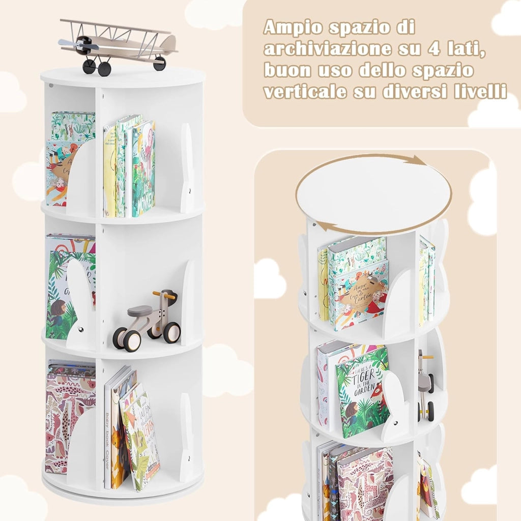 Libreria per Bambini Rotante, Libreria Girevole a 3 Livelli, Porta Libri per Soggiorno, Studio, Scaffale in Legno Autoportante