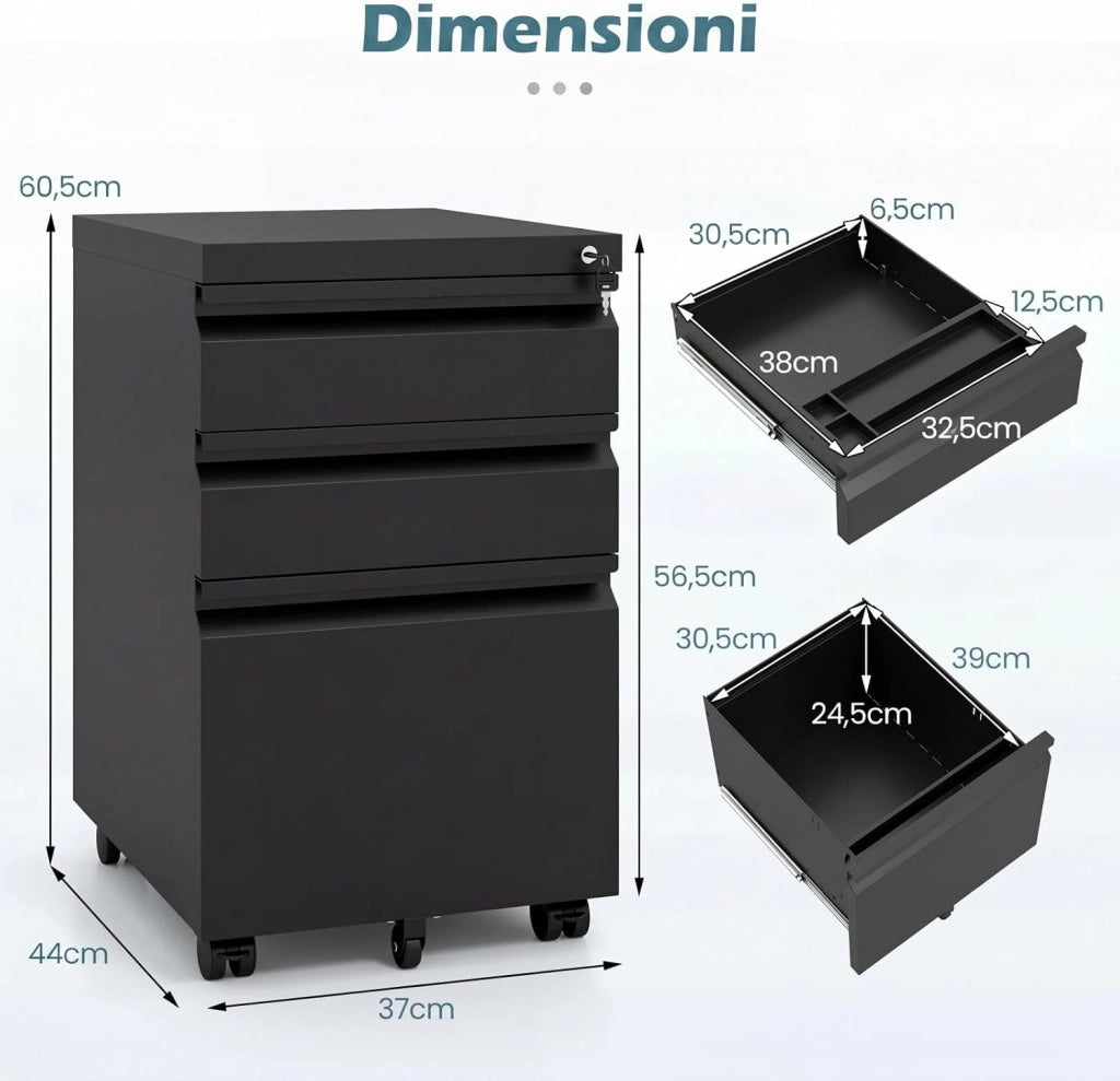 Cassettiera da Ufficio a 3 Cassetti, Mobiletto per Documenti con 5 Ruote e Serratura, Schedario da Ufficio in Acciaio per File Formato A4, Letter e Legal, 37 x 44 x 60,5 cm