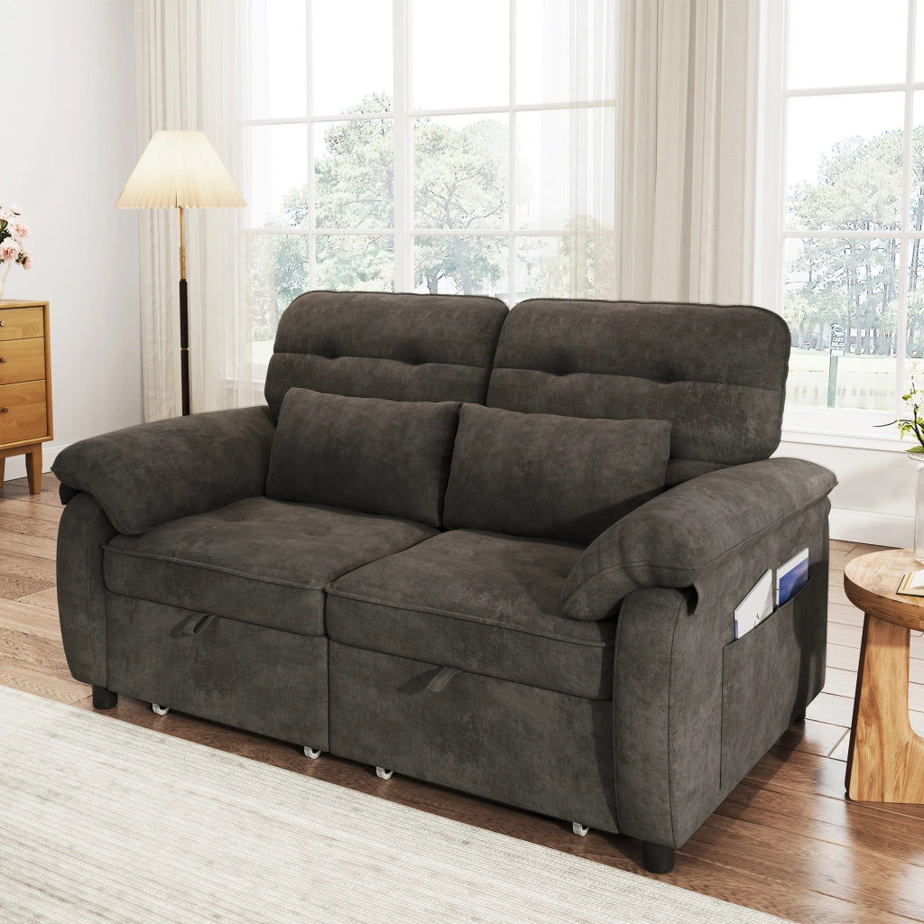 Divano letto 3 in 1 2 posti con schienale reclinabile e porte USB/Type-C; chenille grigio