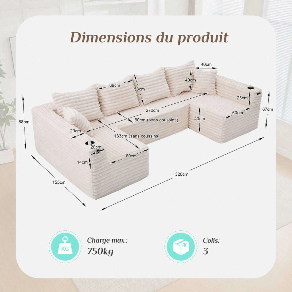 Divano modulare a U con portabicchieri, tasca laterale e cuscini in tessuto cord beige 320 × 155 × 88 cm