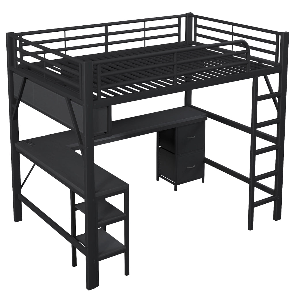 LETTO A SOPPALCO 140x200 cm Nero in metallo e MDF con scrivania e libreria