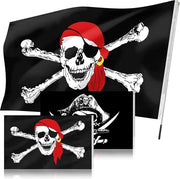 Set di Bandiera Pirata 150x90 cm - Coltellino e Croci Knekels Incrociate - Asta Telescopica per Bandiera 1m - Decorazione Esterna per Festa Pirata Halloween