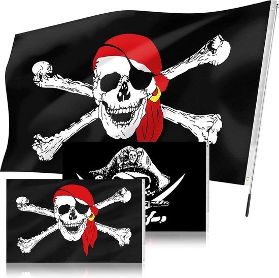 Set di Bandiera Pirata 150x90 cm - Coltellino e Croci Knekels Incrociate - Asta Telescopica per Bandiera 1m - Decorazione Esterna per Festa Pirata Halloween