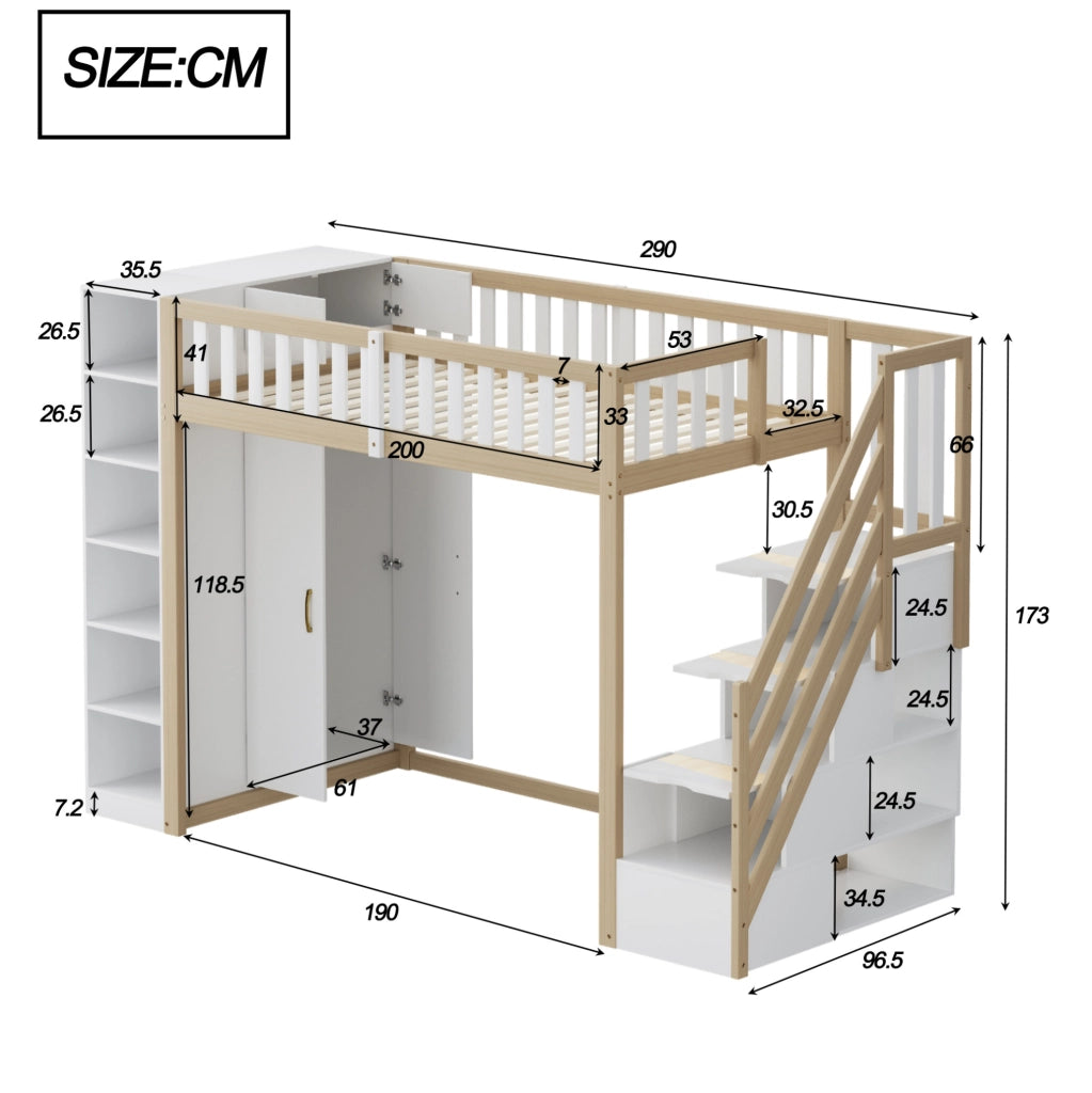 Letto a soppalco 90x200 cm con armadio; scaffali e scala con vani; bianco e legno naturale