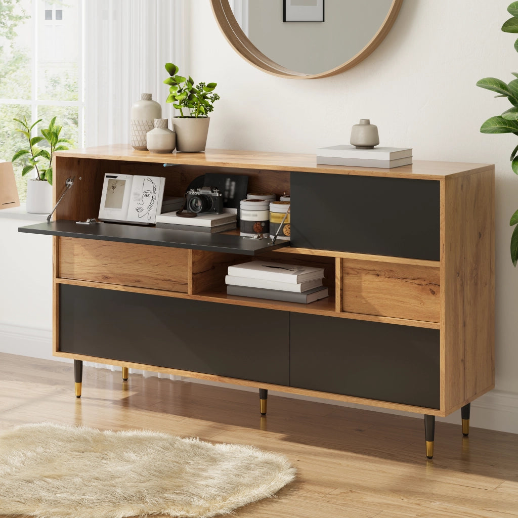 Credenza e madia con 2 cassetti, vano aperto e ante ribaltabili per soggiorno, nero naturale, 140 × 40 × 84,5 cm