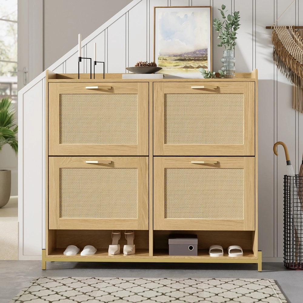 Scarpiera in Legno con Ante in Rattan e Ripiani ¨C MINIMAL ¨C 4 Ante, Metallo