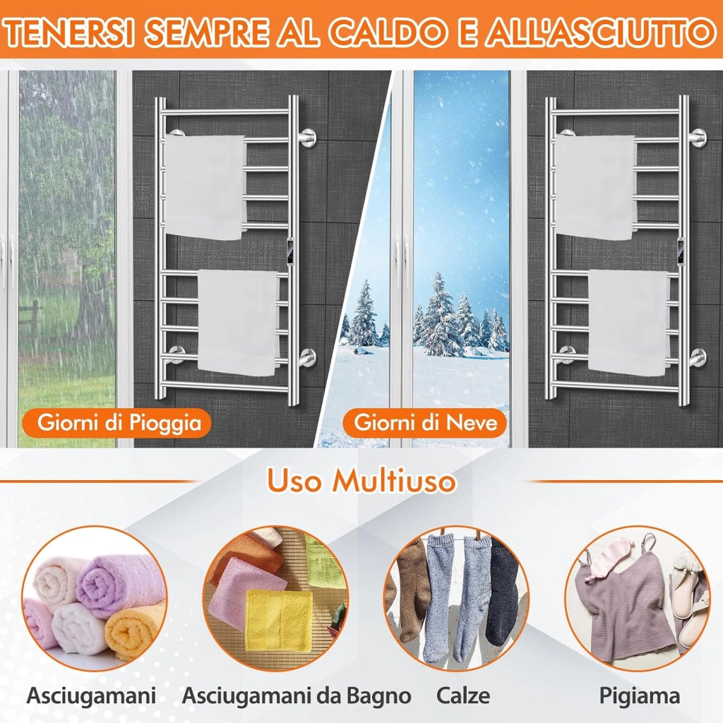 120W Scaldasalviette Elettrico con 10 Barre, Timer e Display LCD, Portasciugamani Elettrico Riscaldato Impermeabile in Acciaio Inox, Argento