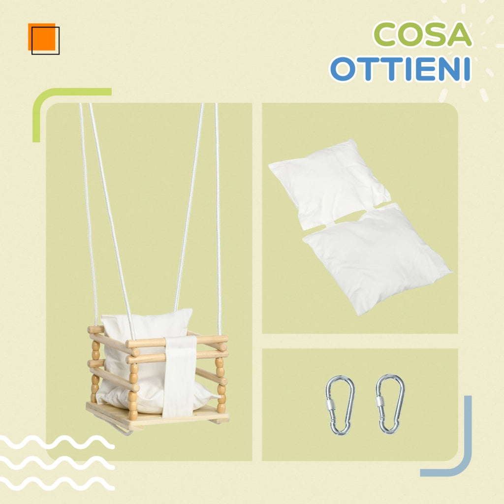 Altalena Bambini in Legno e Cotone con Cuscino Regolabile ¨C zephmum ¨C 30x30x110-180 cm