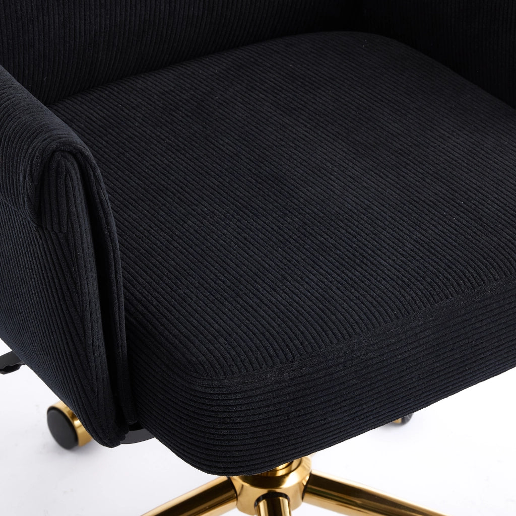 Sedia da ufficio girevole ergonomica con supporto lombare e braccioli, base in metallo dorato, in velluto a coste nero