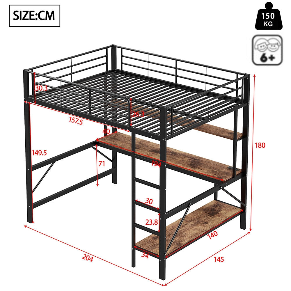 Letto mezzanino 140x200cm - Xylo - nero, USB, scaffale a livelli