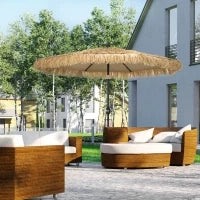 Ombrellone da Giardino Rotondo con Copertura in Paglia e Manovella, Ø265x250cm, Cachi