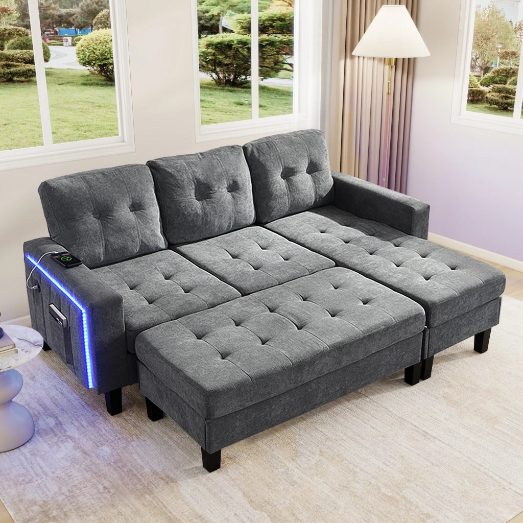 DIVANO LETTO ANGOLARE L-Form 156x115 cm Chenille Grigio con LED e USB