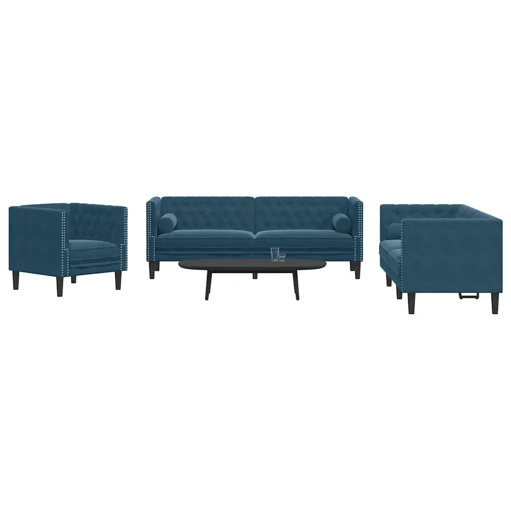 Set Divani Chesterfield 3pz con Cuscini Blu Velluto