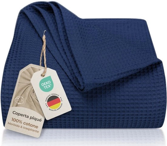 Duvetta wafel a forma di griglia 150x200 cm - Sprei morbido in cotone per divano e letto - Blu