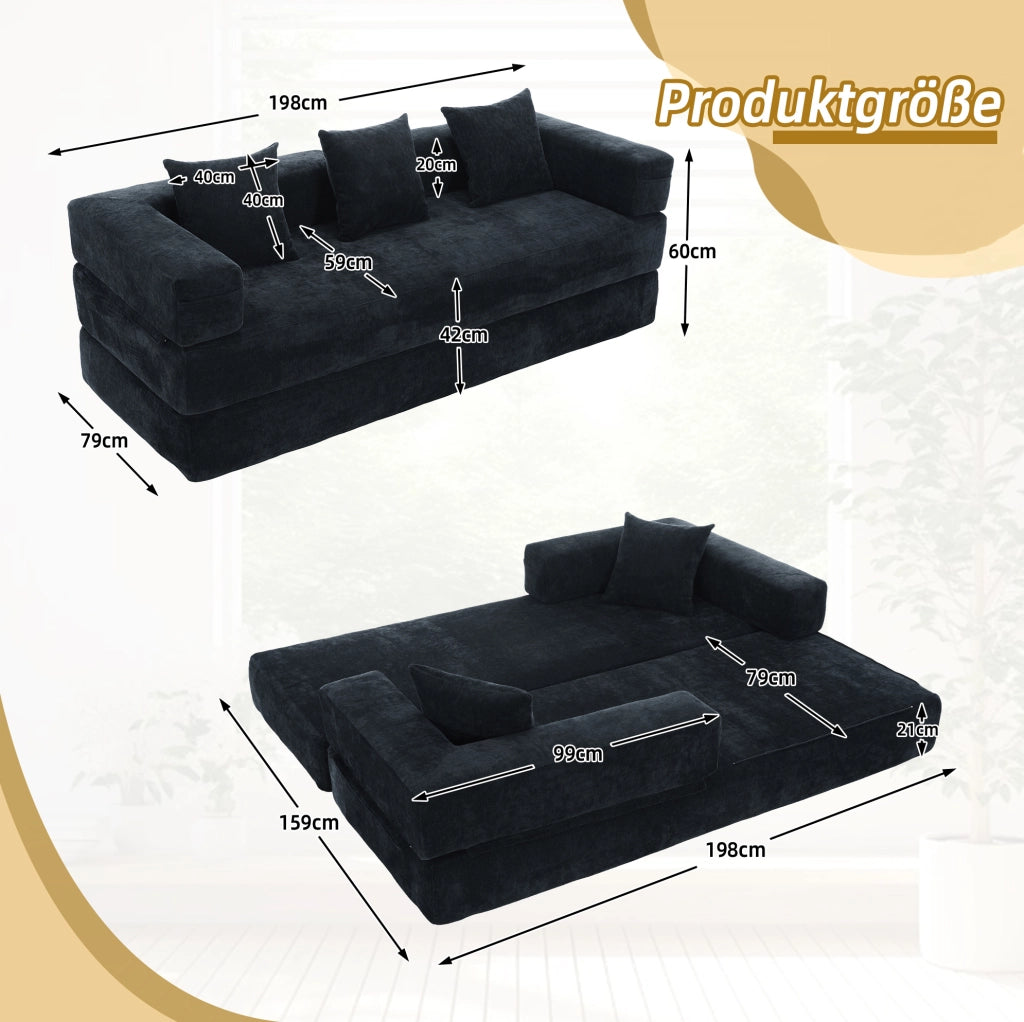 Divano modulare in ciniglia nero 198x79x60 cm