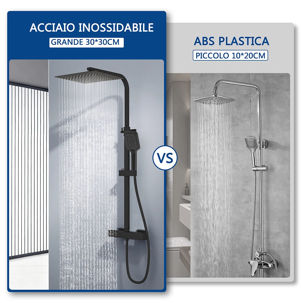 Colonna doccia con miscelatore termostatico, saliscendi doccia quadrato regolabile 73-115cm, nero