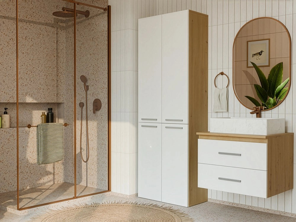 Mobile bagno NEL 2k DD scaffale colonna 2 kosze per bucato bianco rovere artisan