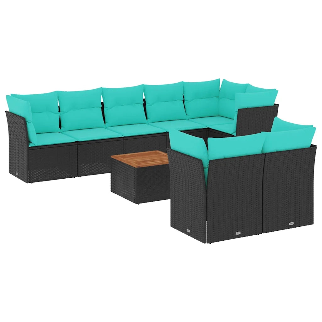 Set Divani da Giardino 9 pz con Cuscini Nero in Polyrattan