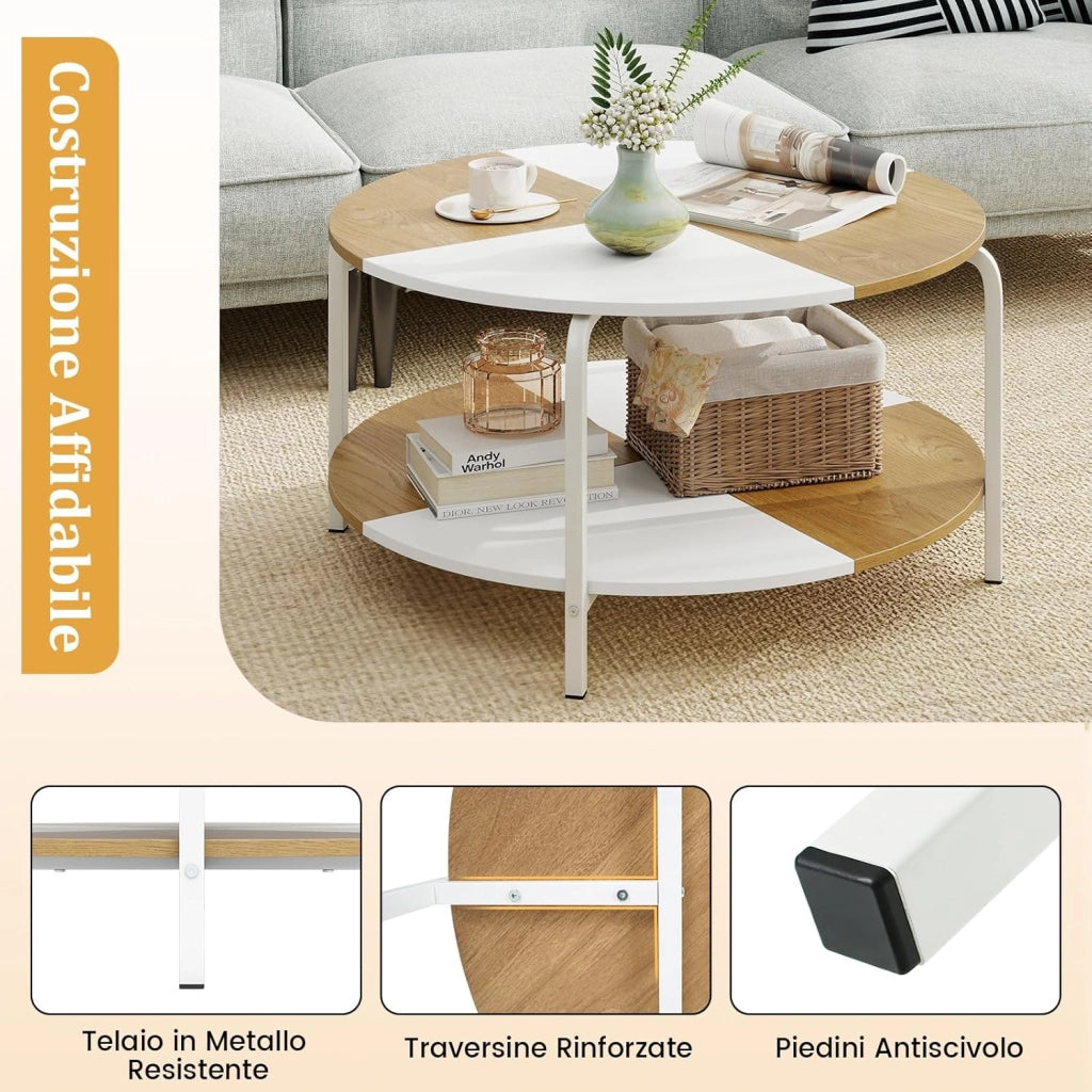 Tavolino da Salotto, Tavolino a 2 Livelli con Ripiano e Piedini Antiscivolo, Tavolo da Caffè Rotondo in Legno e Metallo, per Soggiorno, Studio e Ufficio, Portata 100 kg, 80 x 80 x 42 cm