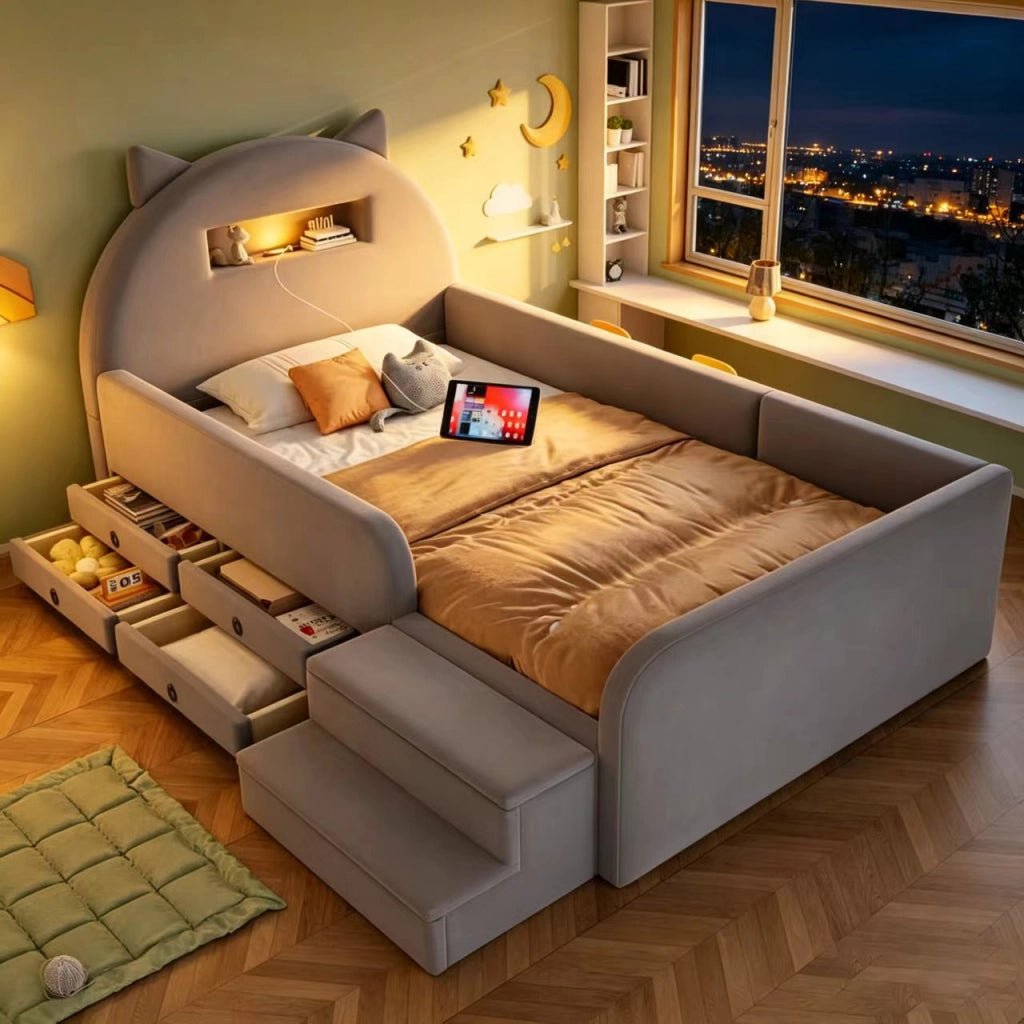 Letto Singolo 90x200 cm; Contenitore; USB e Lampada in Velluto; Grigio Chiaro