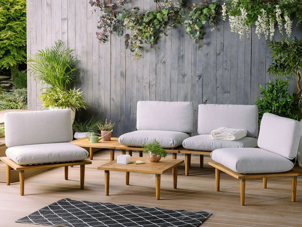 Set Divani Da Giardino Cuscini Grigi In Legno Di Acacia Set Conversazione Da Esterno Moderno A 4 Posti Poltrone Con Tavolino Cuscini Grigi