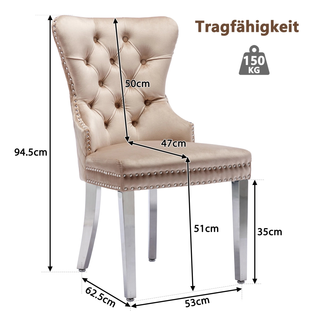 Sedia da pranzo imbottita in velluto beige con struttura in metallo e schienale decorativo