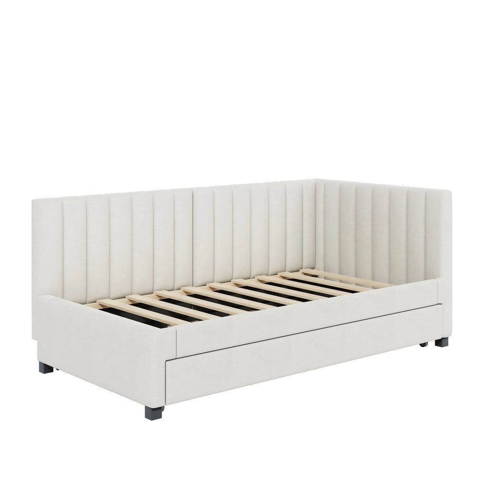 Letto Imbottito Singolo Estraibile con Rete a Doghe ¨C MINIMAL ¨C Velluto Beige 90x200