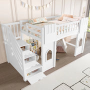 Letto a soppalco per bambini 90 × 200 cm con scala contenitore e finestre, senza materasso, bianco