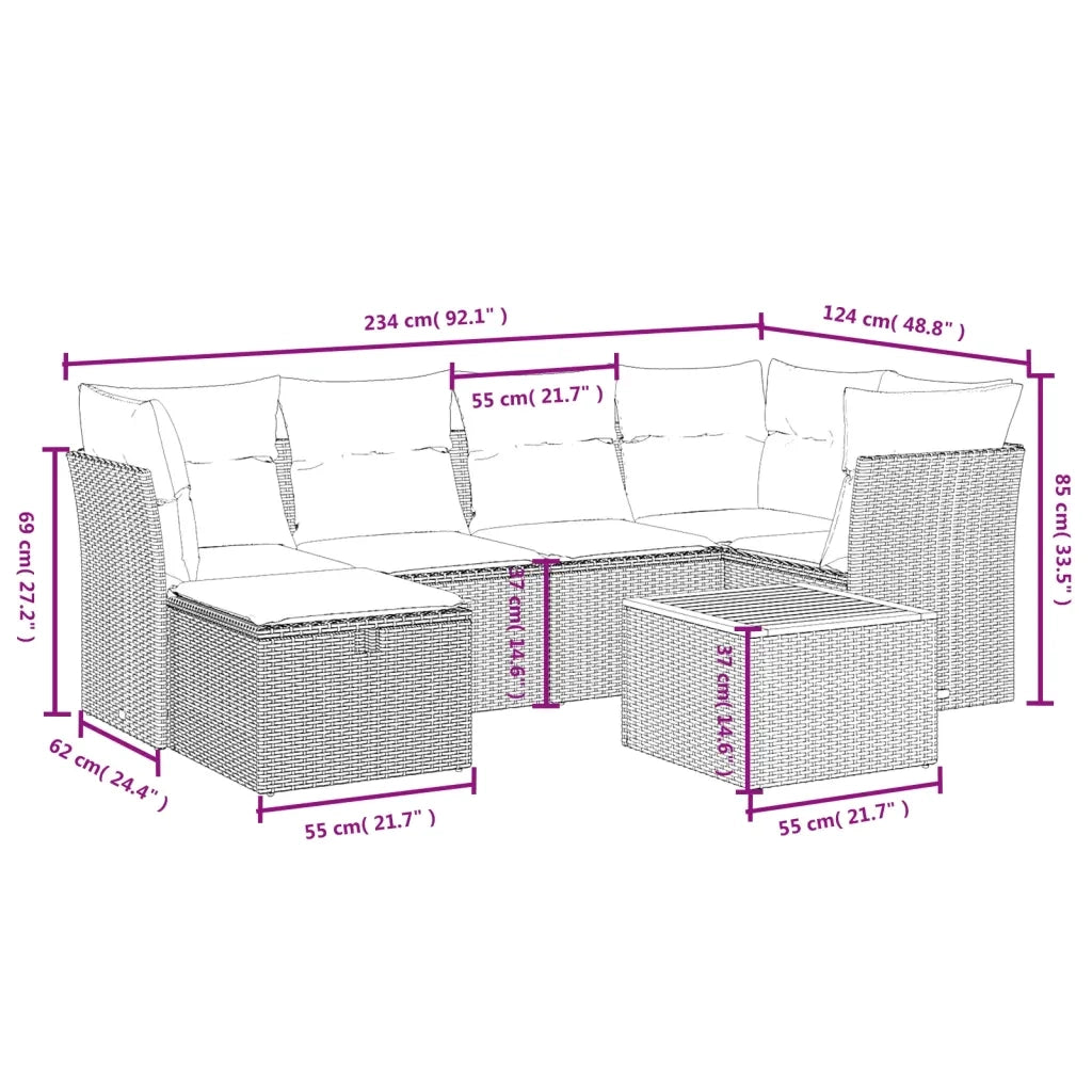 Set Divani da Giardino 7 pz con Cuscini Grigio in Polyrattan