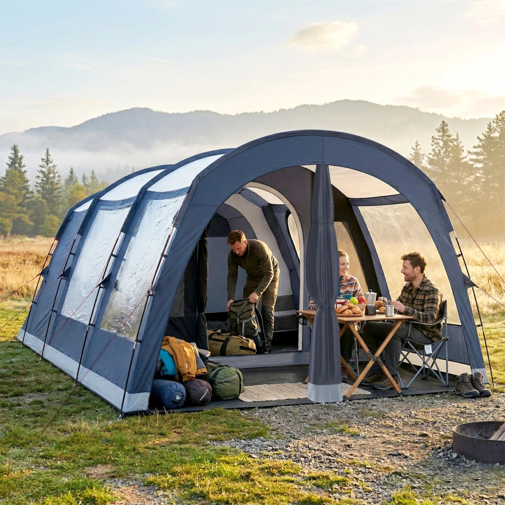 Tenda Campeggio a Tunnel per 2-4 Persone Alta 210cm con 2 Stanze, Impermeabile 3000mm per Trekking, Blu navy
