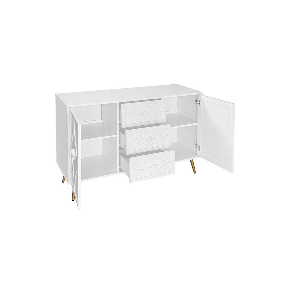Com¨° elegante con motivo a losanga - Xylo - 120¡Á40¡Á80 cm - Bianco - 3 cassetti 2 ante piedi dorati