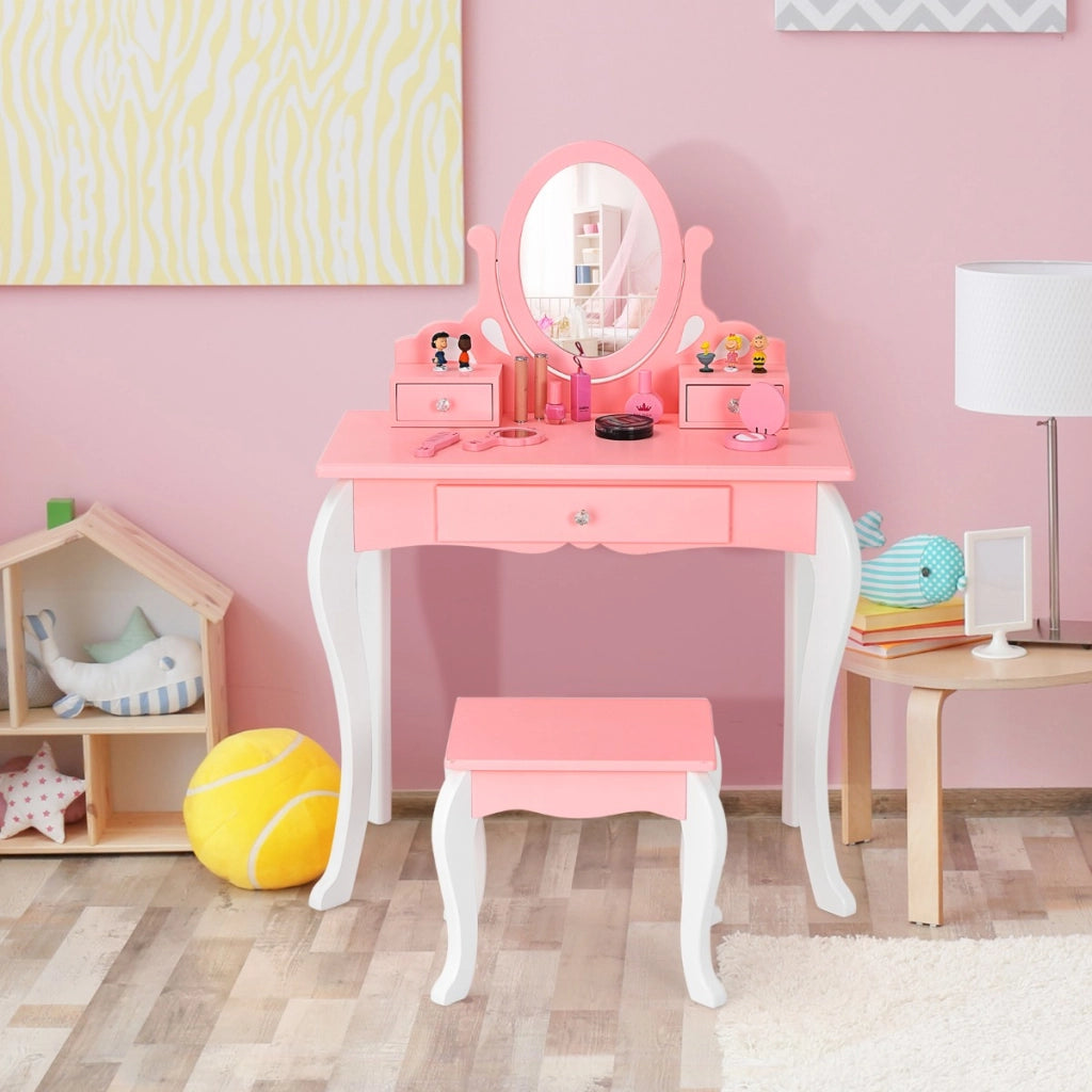Set toeletta per bambini con specchio girevole a 360¡ã e 3 cassetti, Set tavolo da trucco e sgabello Rosa-Toelette per bimbi