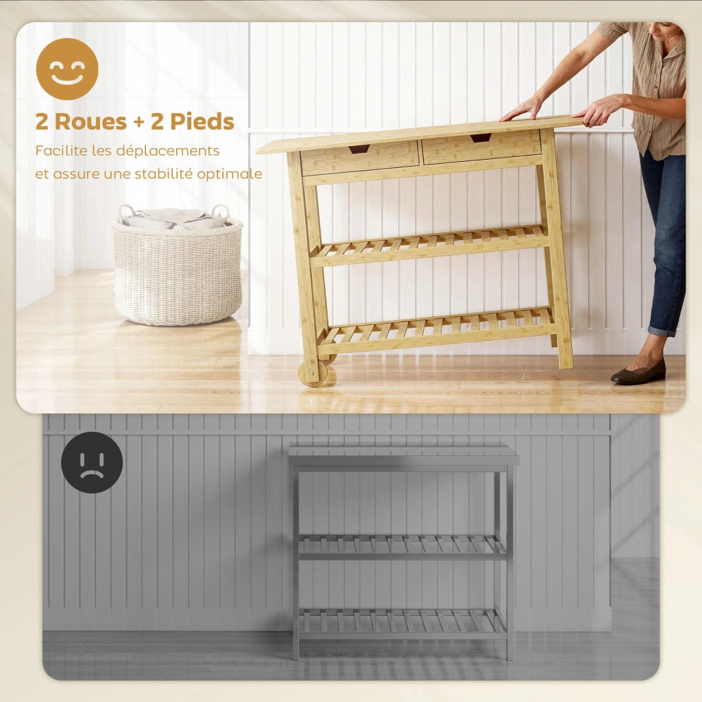 Carrello da cucina con 2 cassetti e 2 ripiani in bamb¨´ ¨C zephmum ¨C 100x43x75 cm