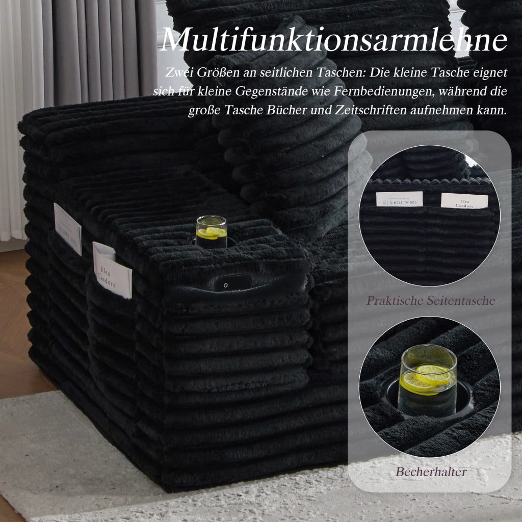 Divano letto modulare in tessuto effetto velluto con schienale alto, tasche laterali e portabicchieri nero