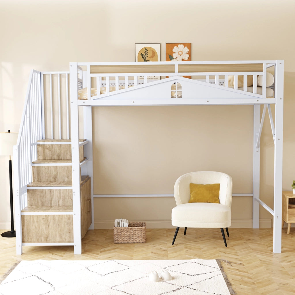 Letto a castello metallo e legno bianco con funzione contenitore 90x200 cm