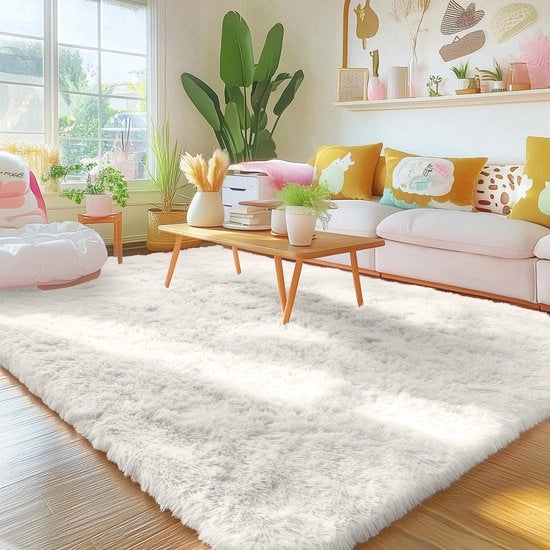 Tappeto Fluffy Antiscivolo con Base Antislip Lavabile Grande per Sala da Pranzo, Camera da Bambini, Camera da Letto - 240 x 340 cm, Crema
