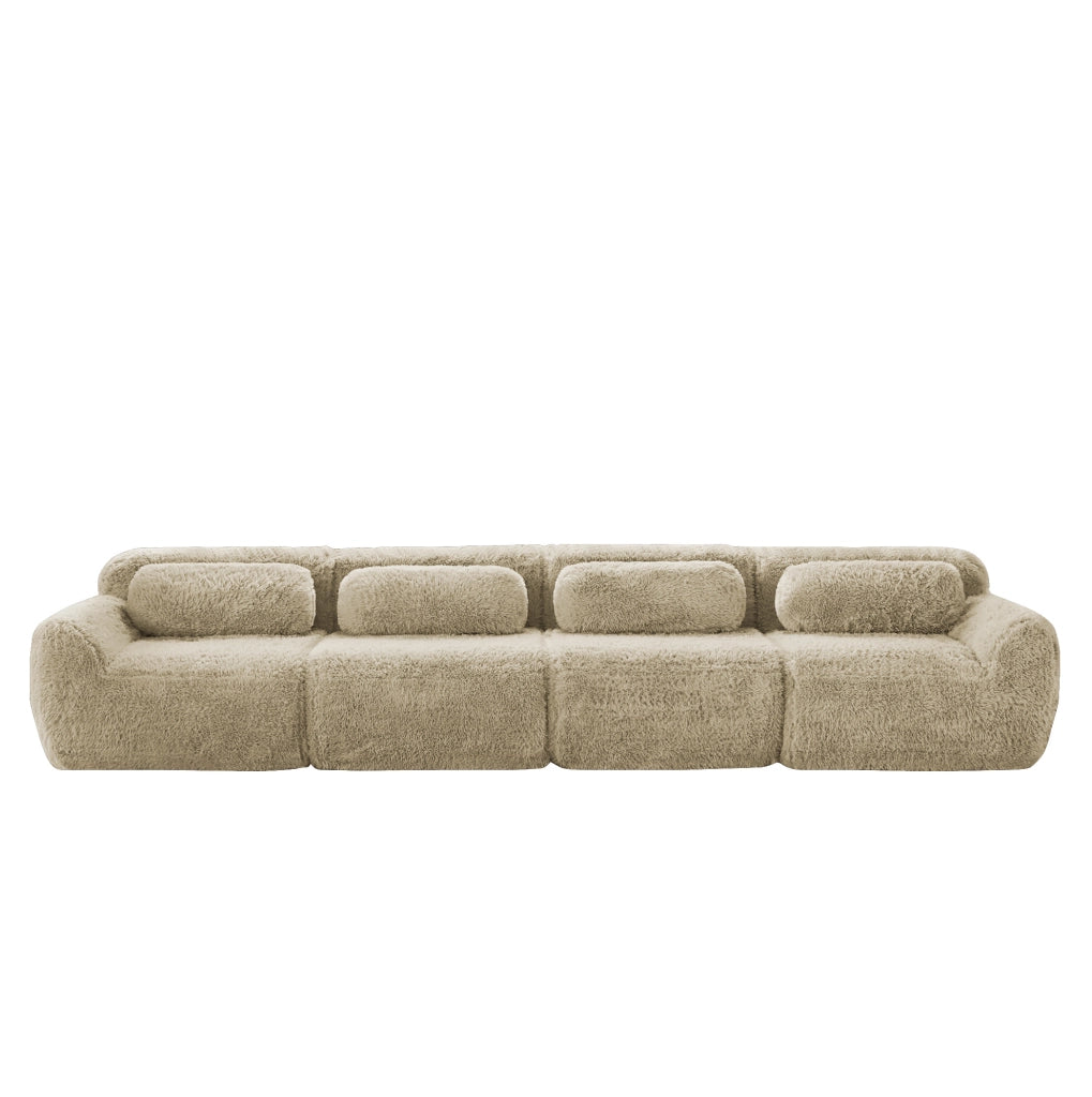 Divano modulare 4 posti in tessuto plush; base antiscivolo; con cuscini; kaki chiaro