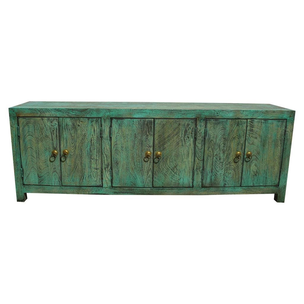 Credenza a 6 ante in legno con finitura verde anticato, cm 200x40x70h