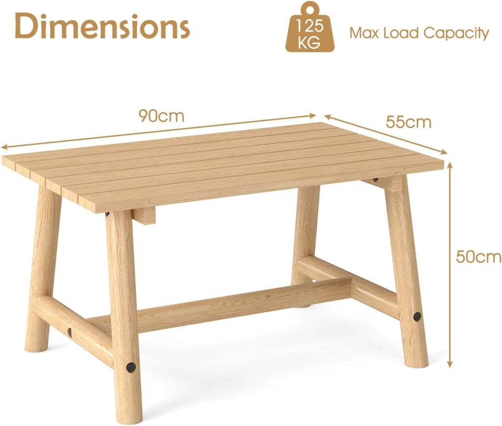 Tavolo da giardino in legno massello, tavolino ausiliario terreza esterno con carico di 125 kg, tavolino basso rettangolare con piano a doghe per balcone, patio, 90 x 55 x 50 cm (naturale)