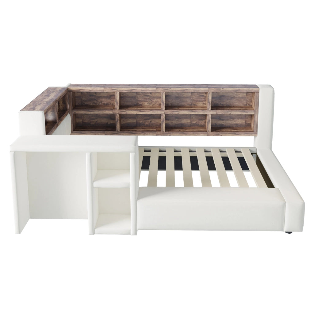 Letto Singolo 90 x 200 cm; contenitore; prese e LED; con testiera imbottita Beige
