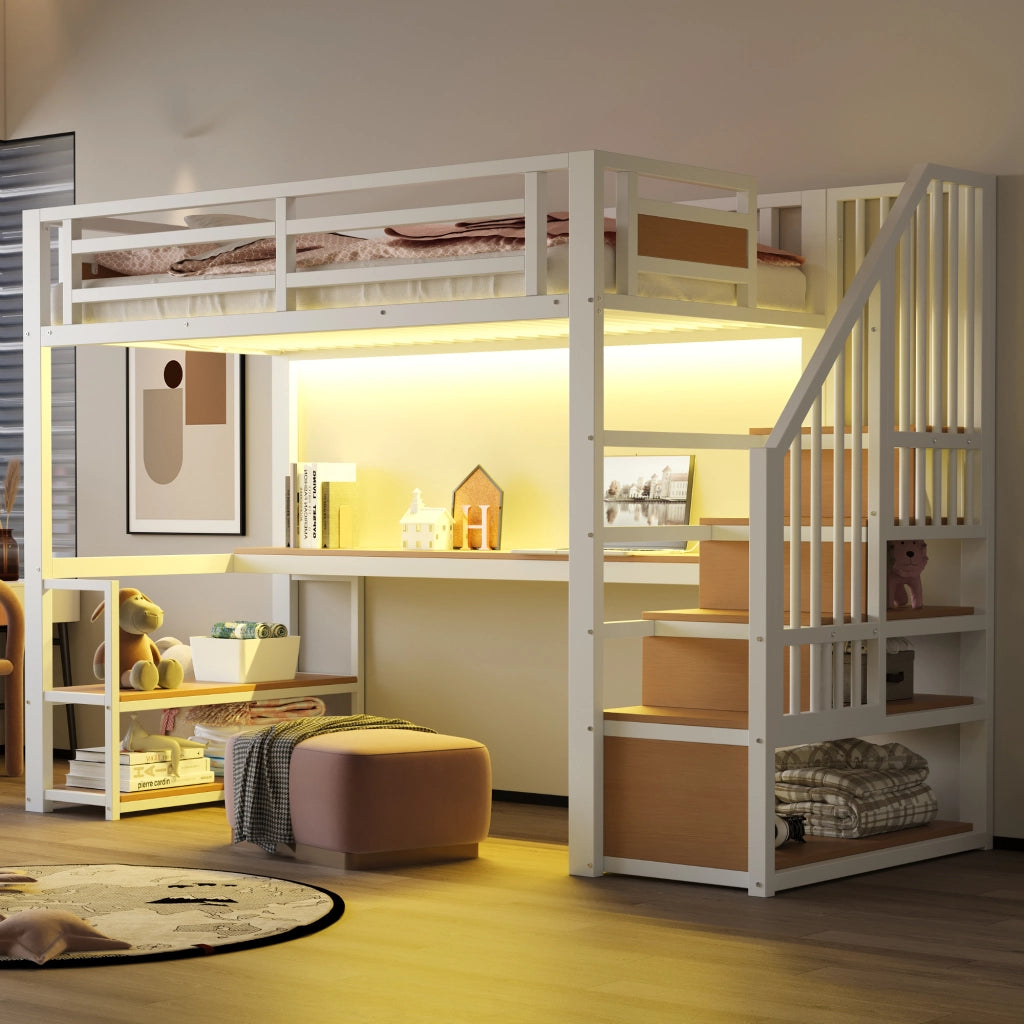 Letto a soppalco 90 × 200 cm con scala contenitore, ripiani, tavolo, barriera di sicurezza, senza materasso, bianco