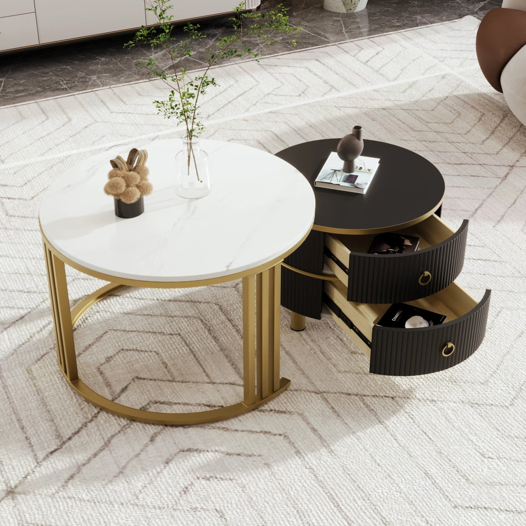 Tavolini da caffè nido rotondi con 2 Cassetti; Piano Lucido ed Effetto Marmo; Stile Moderno; in MDF; Nero; 70×70×46 cm