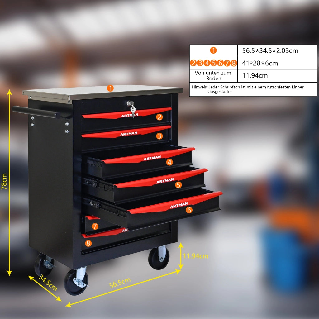 CARRELLO PORTA ATTREZZI 7 cassetti con ruote 62,5x34,5x78 cm Acciaio Nero/Rosso