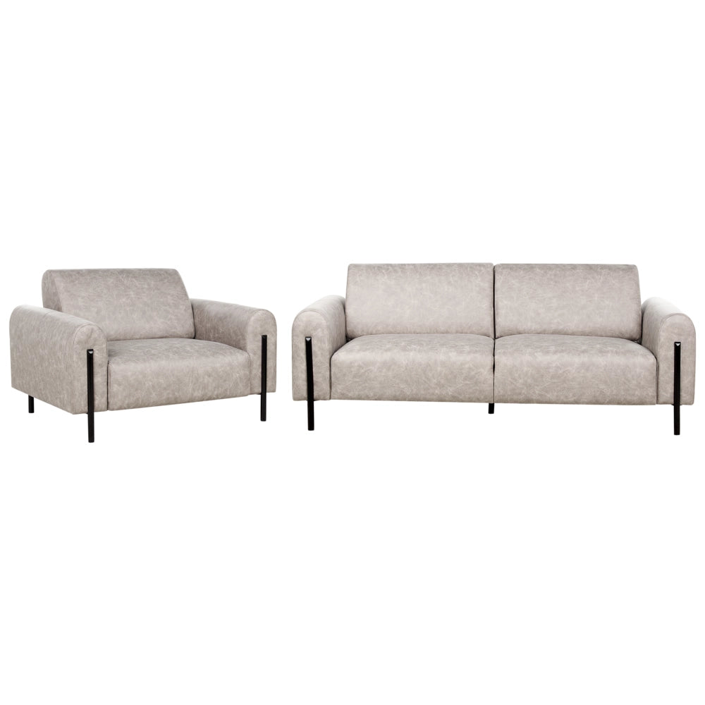 Set soggiorno divano 3 posti e poltrona imbottita in tessuto grigio con schienale regolabile stile moderno