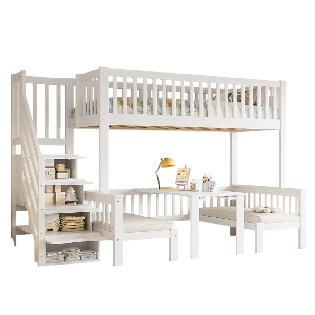 Letto a castello con scrivania pieghevole e scala contenitore 90x200/120x200 cm in legno e MDF bianco
